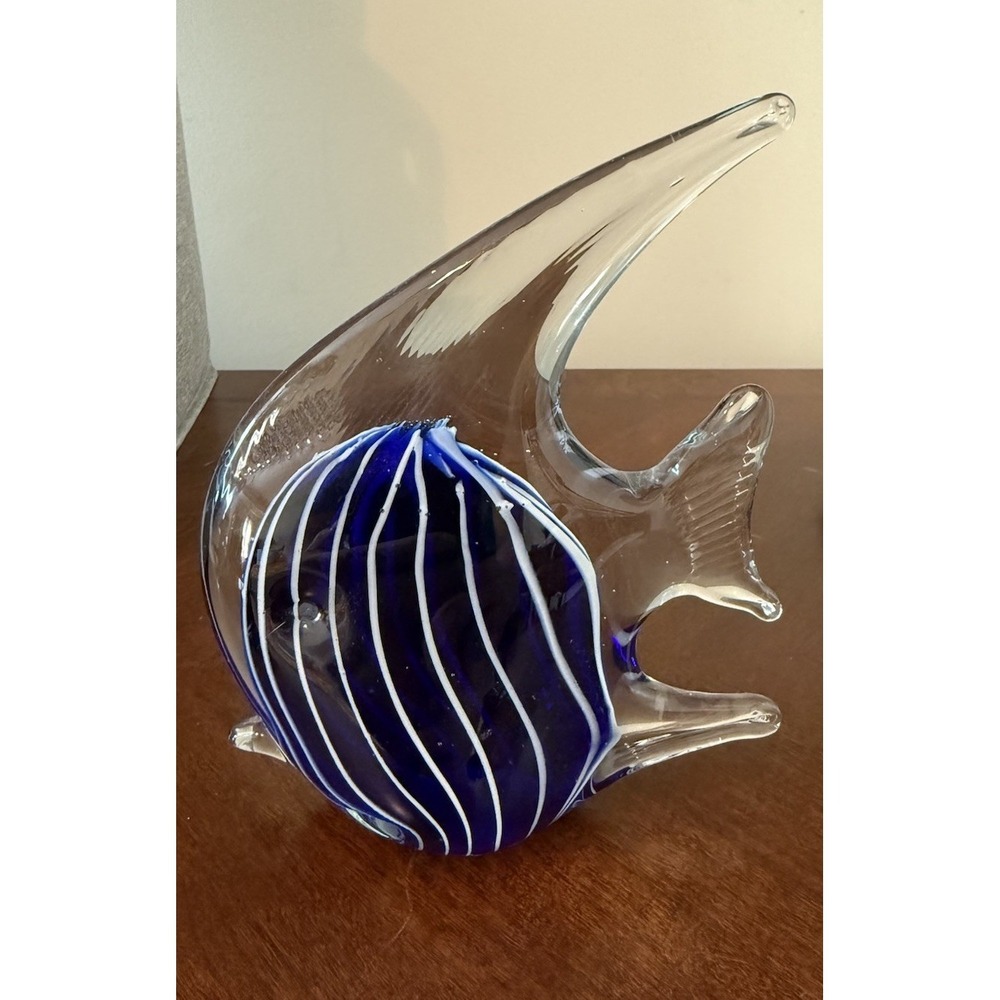 Angel Fish Glass Paper Weight, Blue And White Decor Figurine